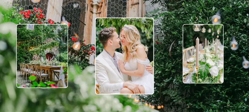 Bride and groom sitting closely together in a lush garden wedding venue, surrounded by string lights, flowers and a styled wedding table.