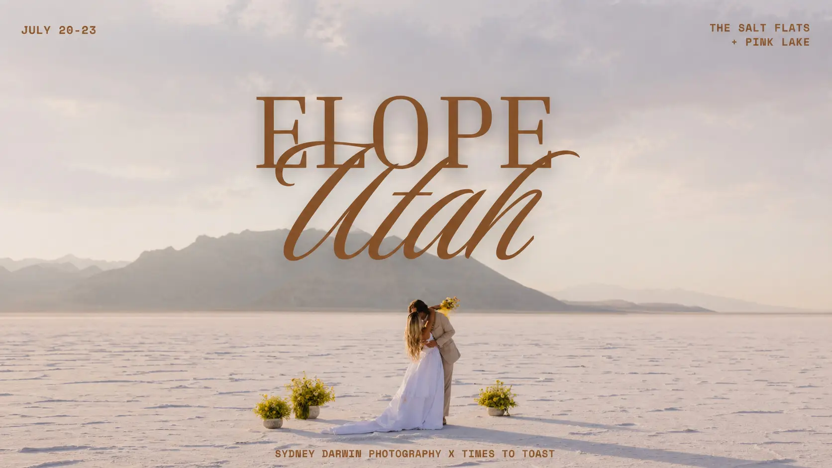 Elope Utah 2.0 is a styled retreat and content series from July 20 to July 23, 2026 at Bonneville Salt Flats and Pink Lake in Utah. Created for photographers, videographers, and content creators who want to grow their destination and elopement portfolio. Includes multiple styled shoots, bridal concepts, on site accommodation, creative reset, and premium content in a unique desert landscape.