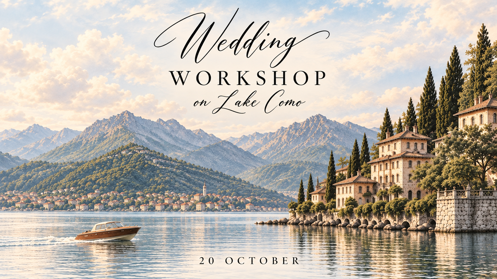 Wedding photography workshop at Lake Como, Italy, on 20 October 2026, featuring an elegant lakeside villa, mountain views and a romantic boat session.